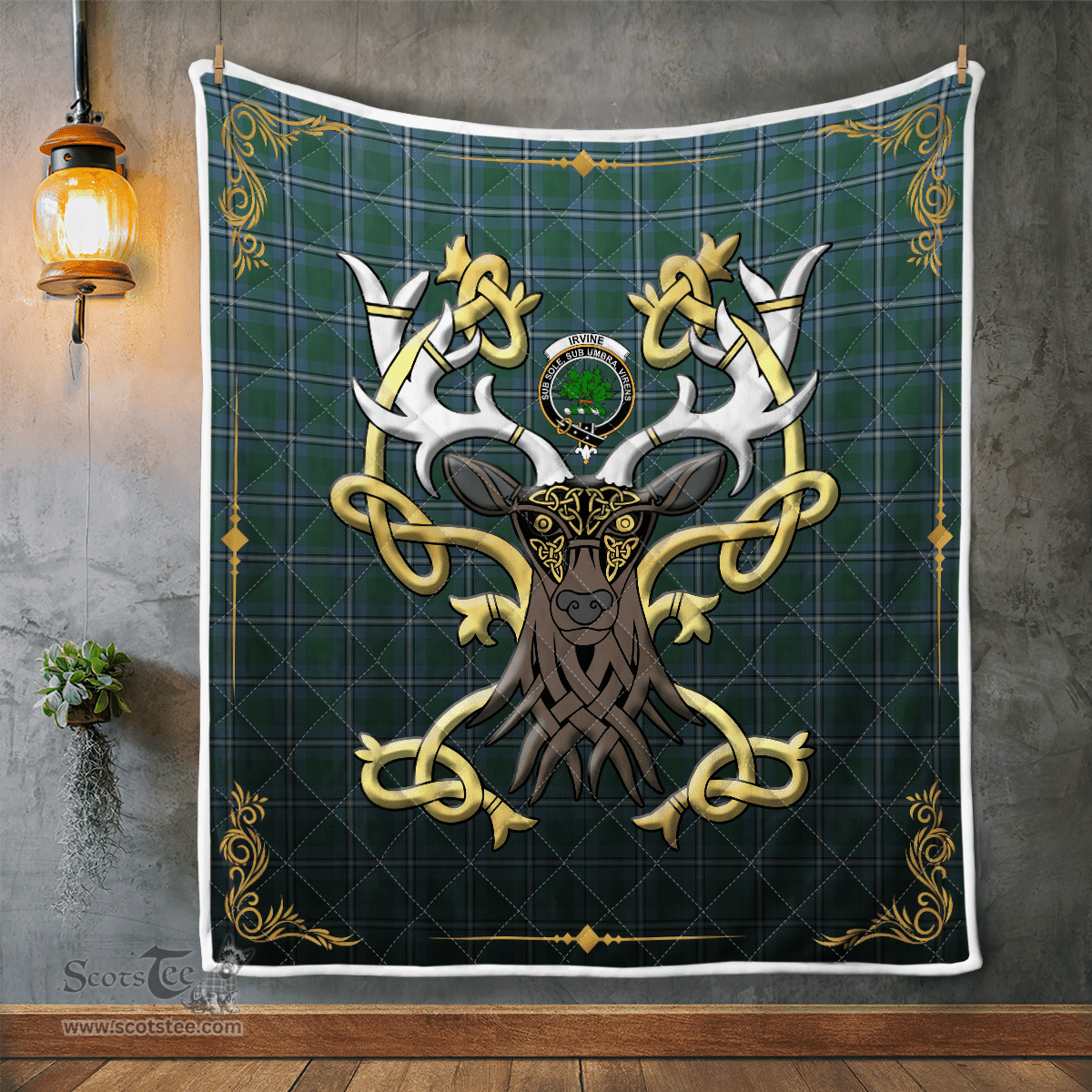 Scottish Irvine Clan Badge Tartan Celtic Deer - Tartan Plaid Quilt - Scottish Quilt Scottish Plaid Tartan Plaid - ScotsTee - scotstee.com