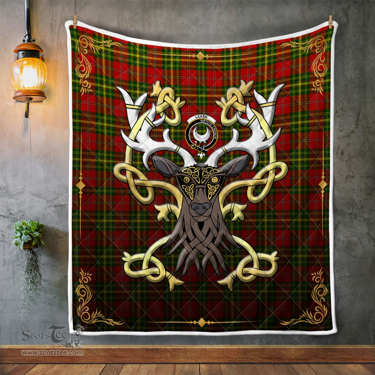 Scottish Leask Clan Badge Tartan Celtic Deer - Tartan Plaid Quilt - Scottish Quilt Scottish Plaid Tartan Plaid - ScotsTee - scotstee.com