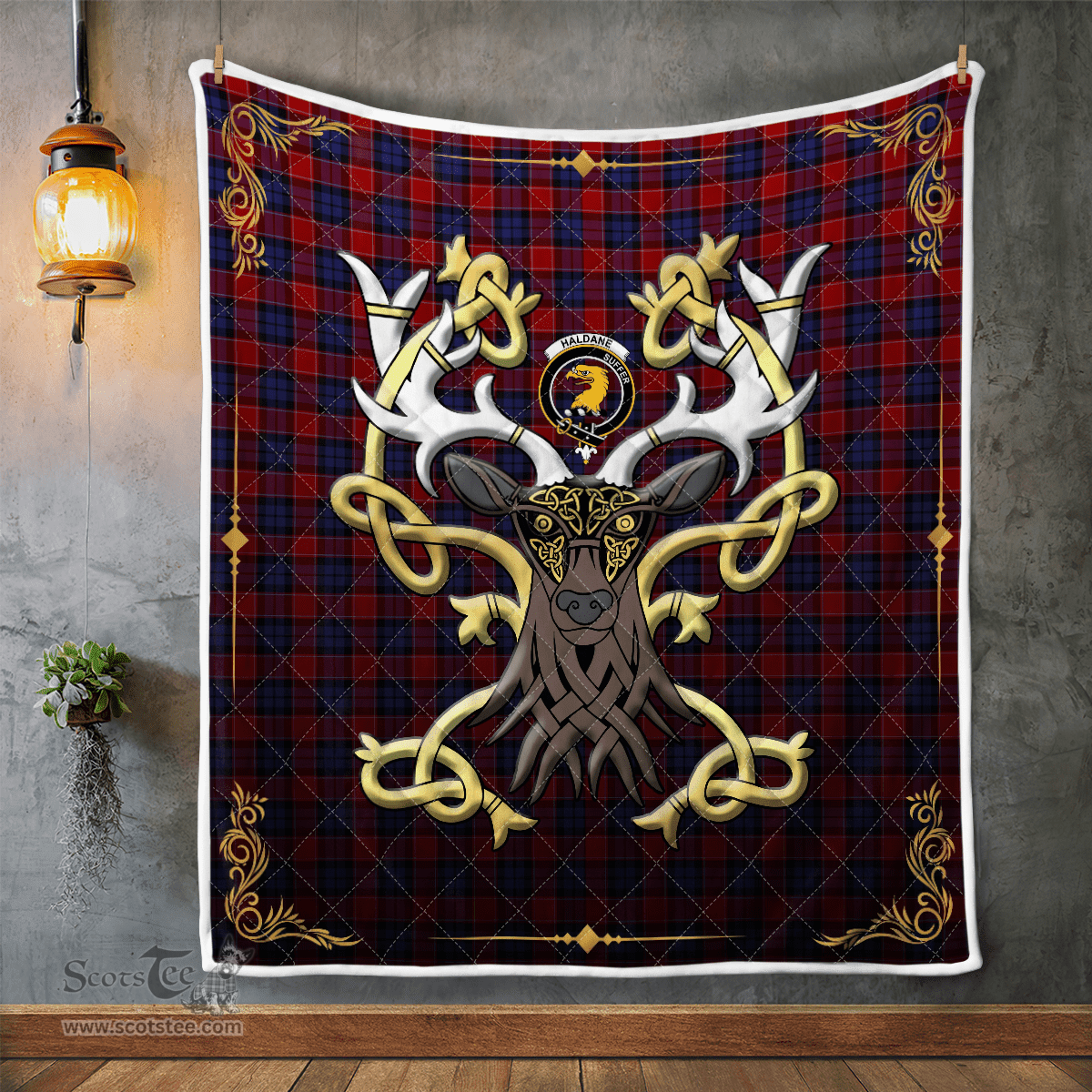 Scottish Haldane Clan Badge Tartan Celtic Deer - Tartan Plaid Quilt - Scottish Quilt Scottish Plaid Tartan Plaid - ScotsTee - scotstee.com
