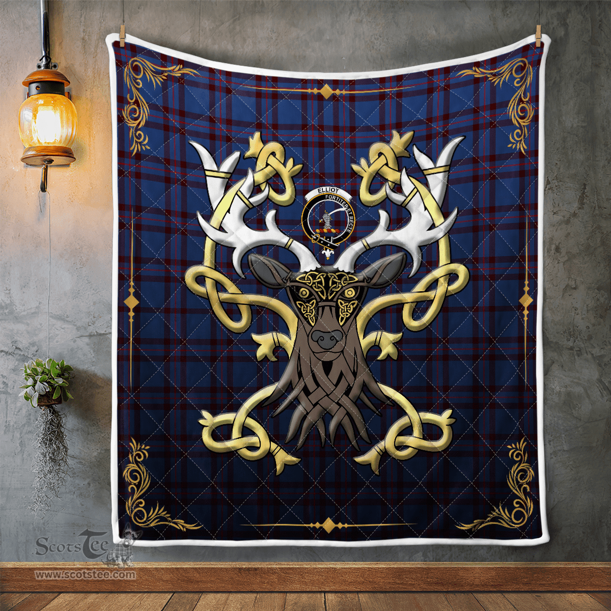 Scottish Elliot Clan Badge Tartan Celtic Deer - Tartan Plaid Quilt - Scottish Quilt Scottish Plaid Tartan Plaid - ScotsTee - scotstee.com
