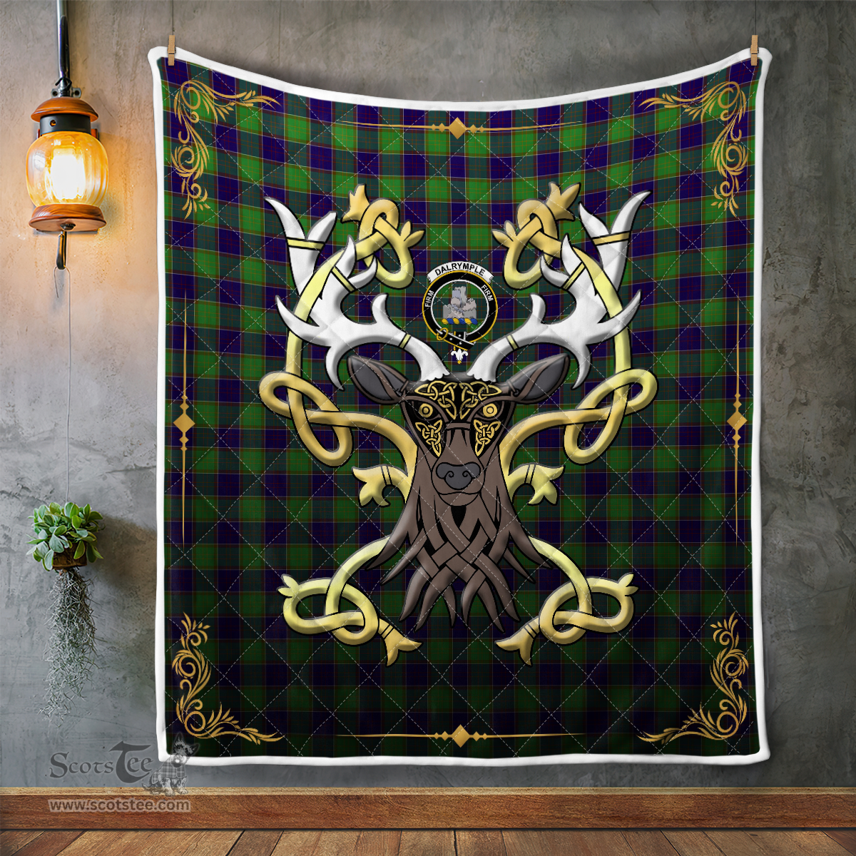 Scottish Dalrymple Clan Badge Tartan Celtic Deer - Tartan Plaid Quilt - Scottish Quilt Scottish Plaid Tartan Plaid - ScotsTee - scotstee.com