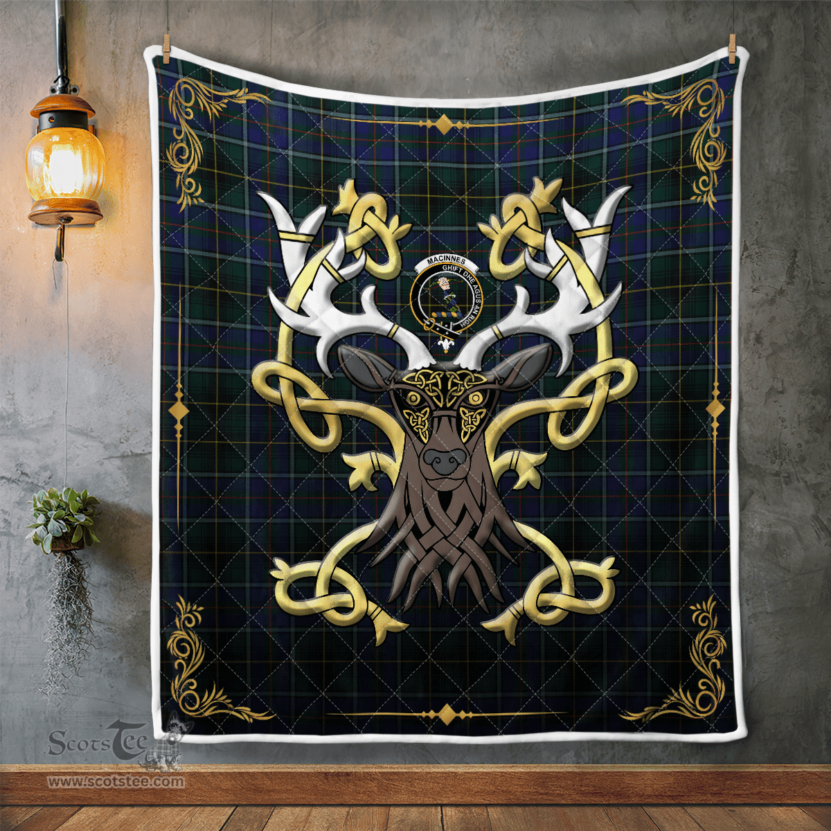 Scottish Macinnes Clan Badge Tartan Celtic Deer - Tartan Plaid Quilt - Scottish Quilt Scottish Plaid Tartan Plaid - ScotsTee - scotstee.com