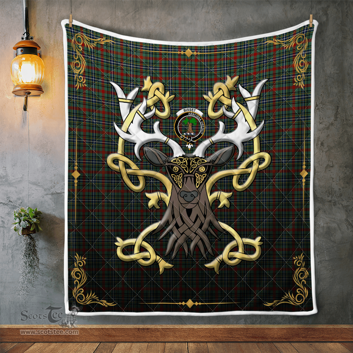Scottish Bisset Clan Badge Tartan Celtic Deer - Tartan Plaid Quilt - Scottish Quilt Scottish Plaid Tartan Plaid - ScotsTee - scotstee.com