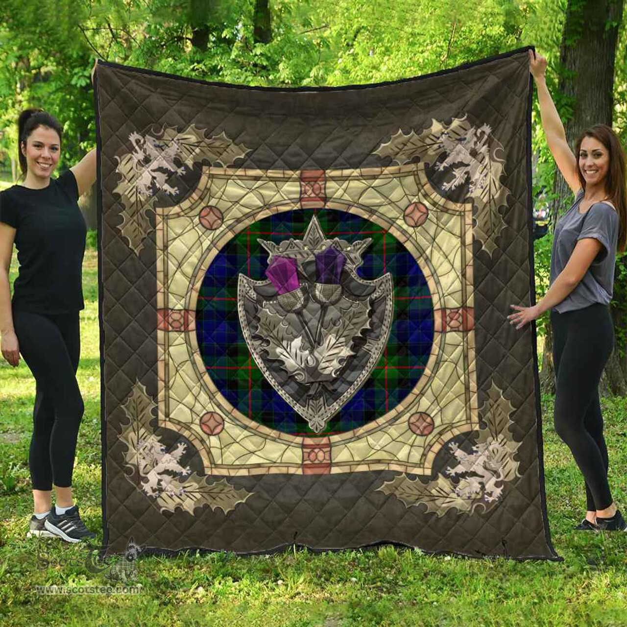 Scottish Gunn Modern Clan Scottish Plaid Tartan Quilt - Crystal Thistle Shield Scottish Plaid Tartan Plaid - ScotsTee - scotstee.com