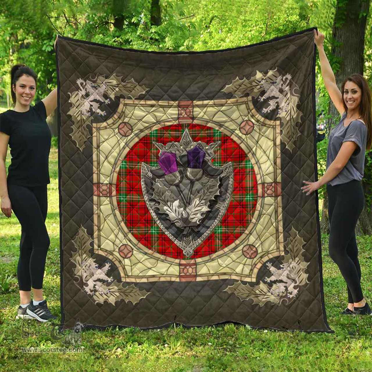 Scottish Morrison Red Modern Clan Scottish Plaid Tartan Quilt - Crystal Thistle Shield Scottish Plaid Tartan Plaid - ScotsTee - scotstee.com