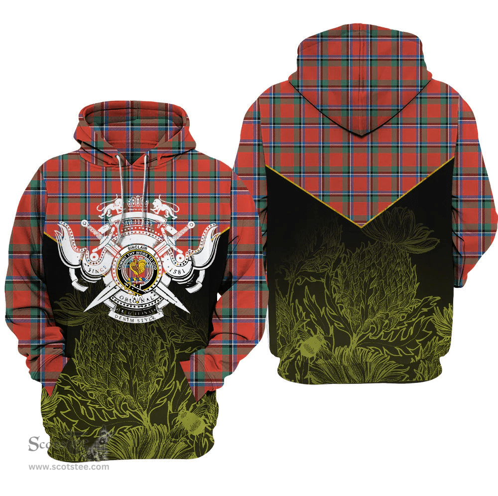 Sinclair Ancient Clan Tartan Hoodie - Scottish Thistle Style