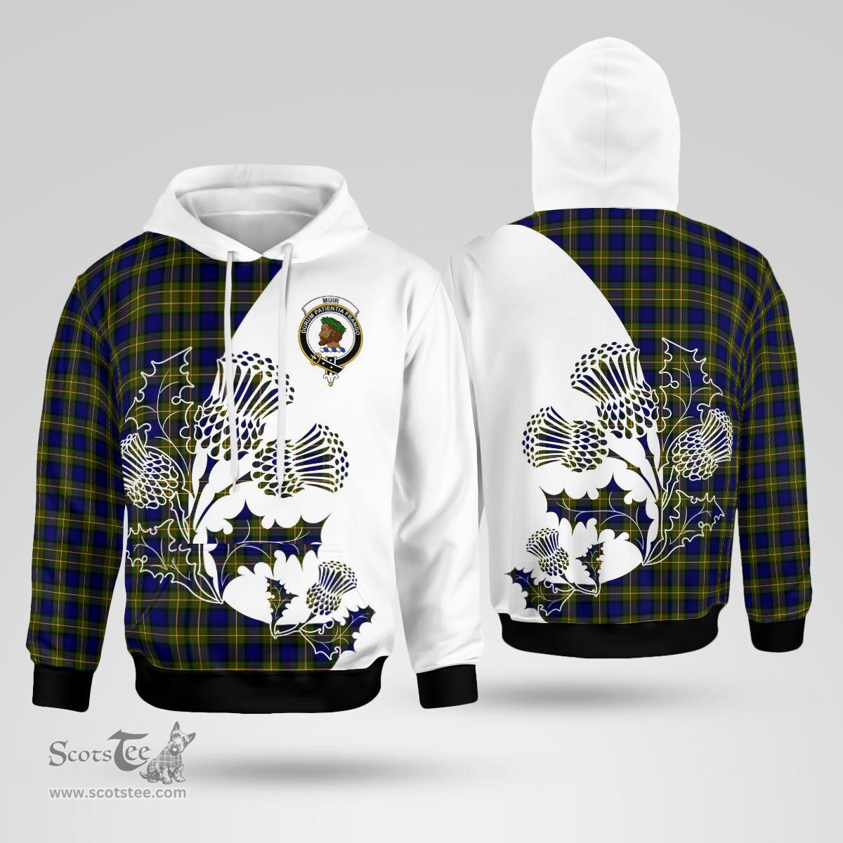 Scottish Muir Clan Badge Tartan White Thistle Hoodie - Tartan Plaid Hoodies Scottish Plaid Tartan Plaid - ScotsTee - scotstee.com