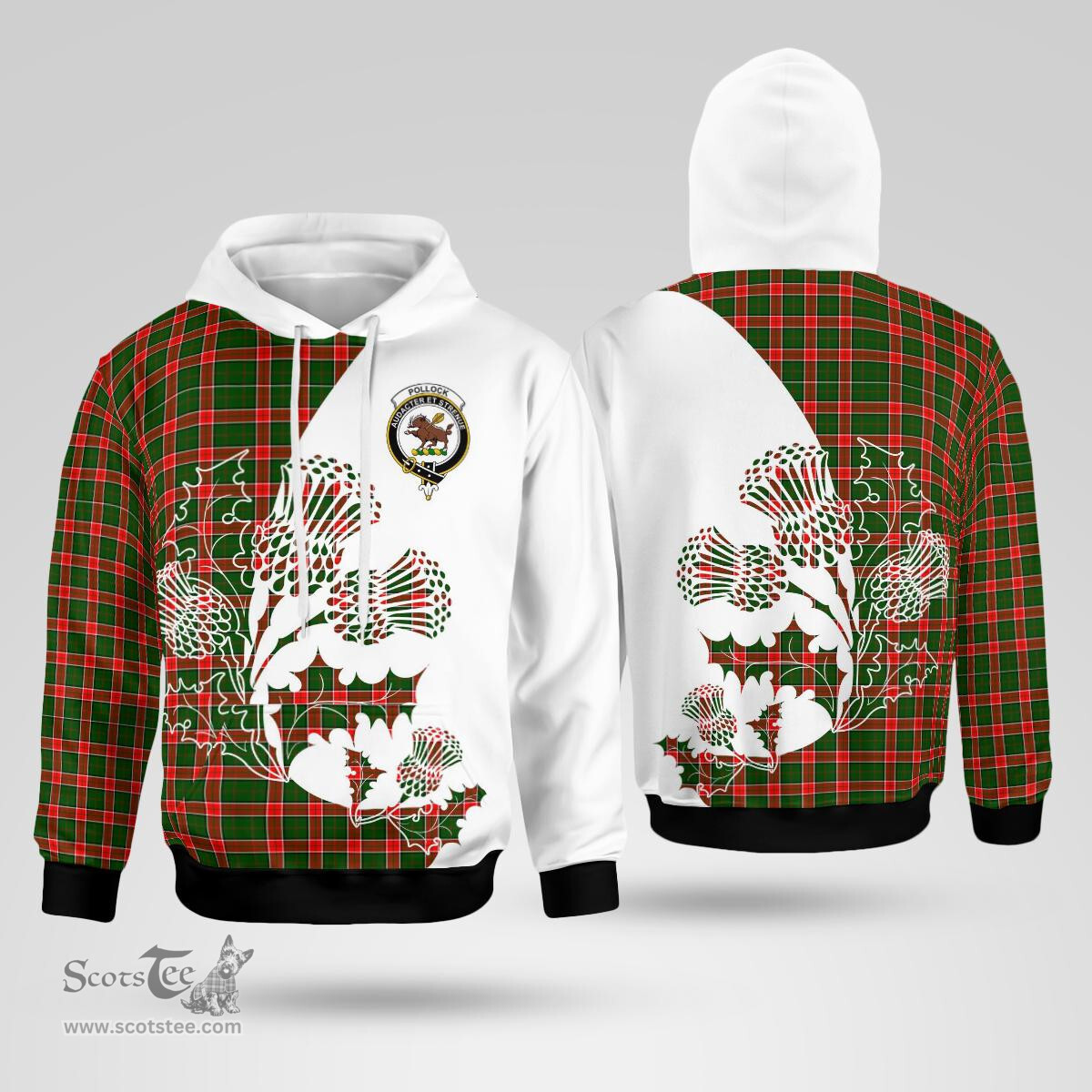 Scottish Pollock Clan Badge Tartan White Thistle Hoodie - Tartan Plaid Hoodies Scottish Plaid Tartan Plaid - ScotsTee - scotstee.com
