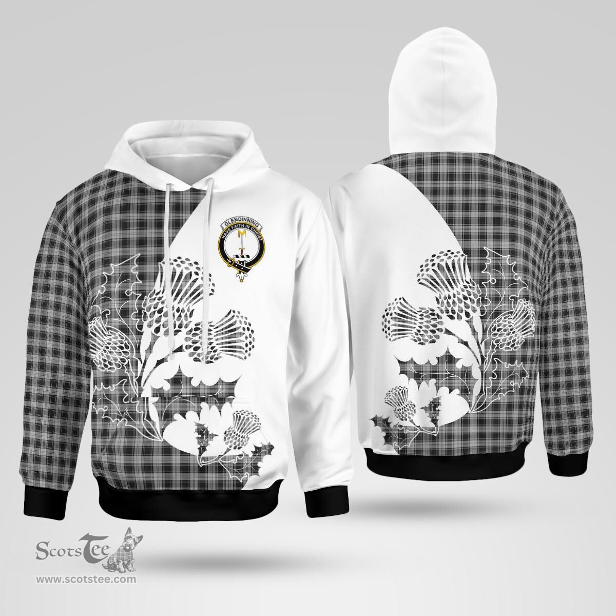 Scottish Glendinning Clan Badge Tartan White Thistle Hoodie - Tartan Plaid Hoodies Scottish Plaid Tartan Plaid - ScotsTee - scotstee.com