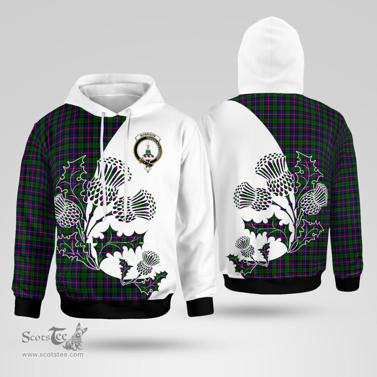 Scottish Morrison Clan Badge Tartan White Thistle Hoodie - Tartan Plaid Hoodies Scottish Plaid Tartan Plaid - ScotsTee - scotstee.com