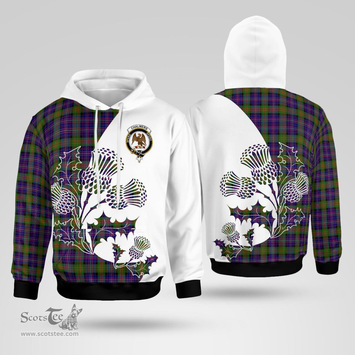 Scottish Chalmers Balnacraig Clan Badge Tartan White Thistle Hoodie - Tartan Plaid Hoodies Scottish Plaid Tartan Plaid - ScotsTee - scotstee.com