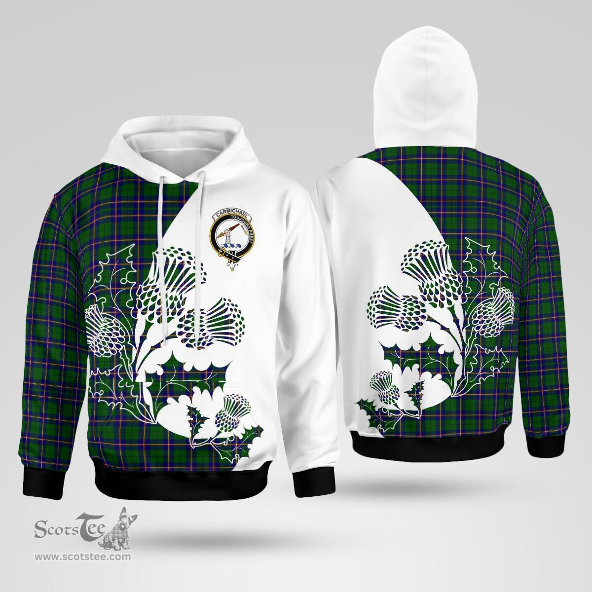 Scottish Carmichael Clan Badge Tartan White Thistle Hoodie - Tartan Plaid Hoodies Scottish Plaid Tartan Plaid - ScotsTee - scotstee.com