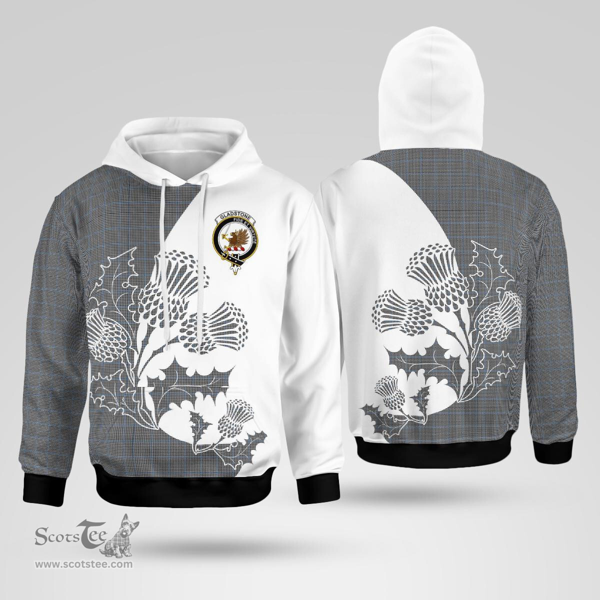 Scottish Gladstone Clan Badge Tartan White Thistle Hoodie - Tartan Plaid Hoodies Scottish Plaid Tartan Plaid - ScotsTee - scotstee.com