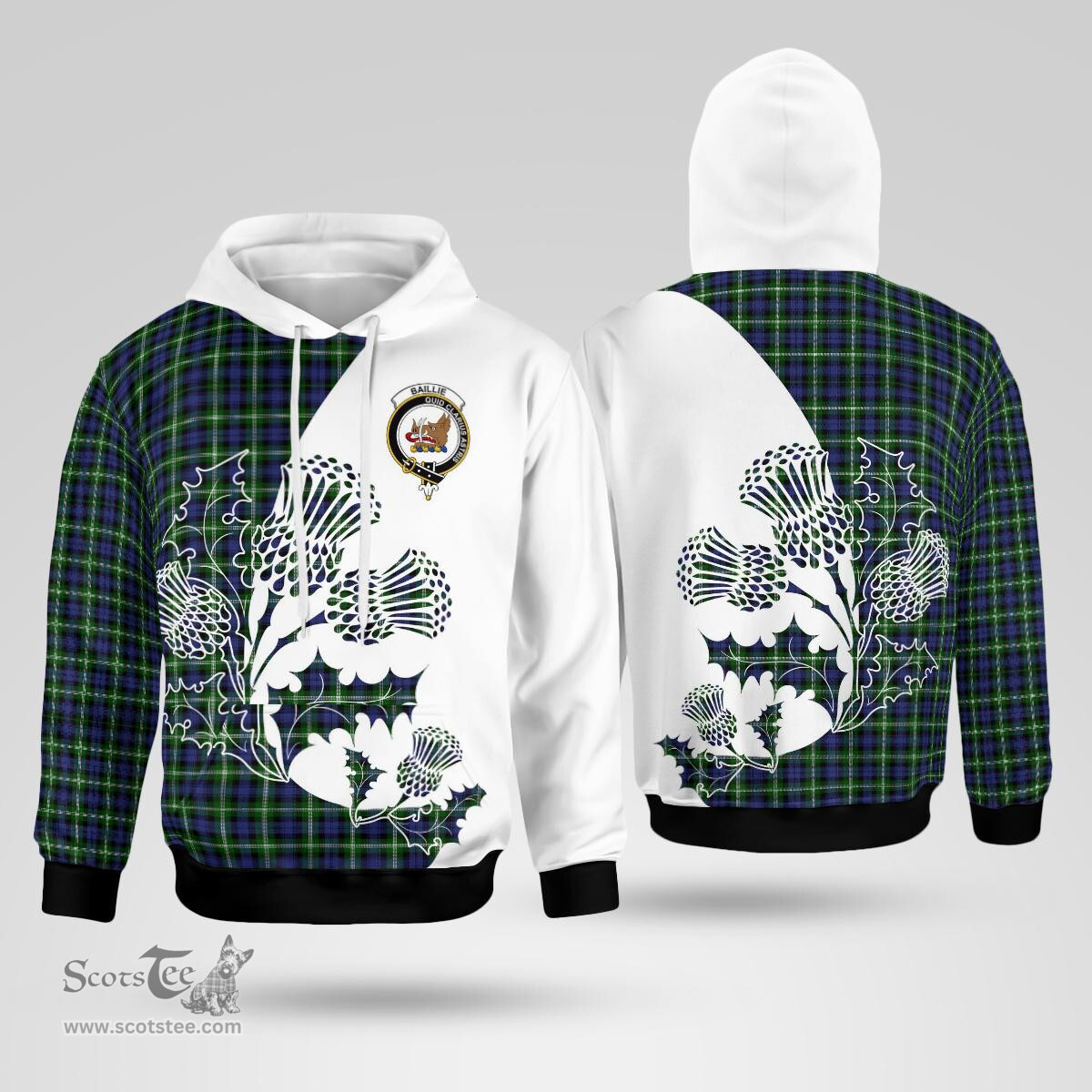 Scottish Baillie Clan Badge Tartan White Thistle Hoodie - Tartan Plaid Hoodies Scottish Plaid Tartan Plaid - ScotsTee - scotstee.com