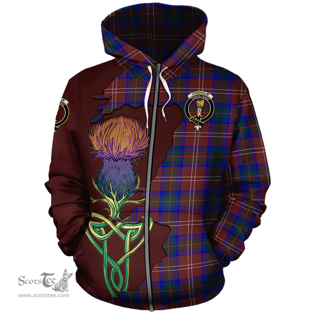 Scottish Chisholm Hunting Modern Clan Tartan Crest with Thistle and Scotland Map Tartan Plaid Hoodie Scottish Plaid Tartan Plaid - ScotsTee - scotstee.com
