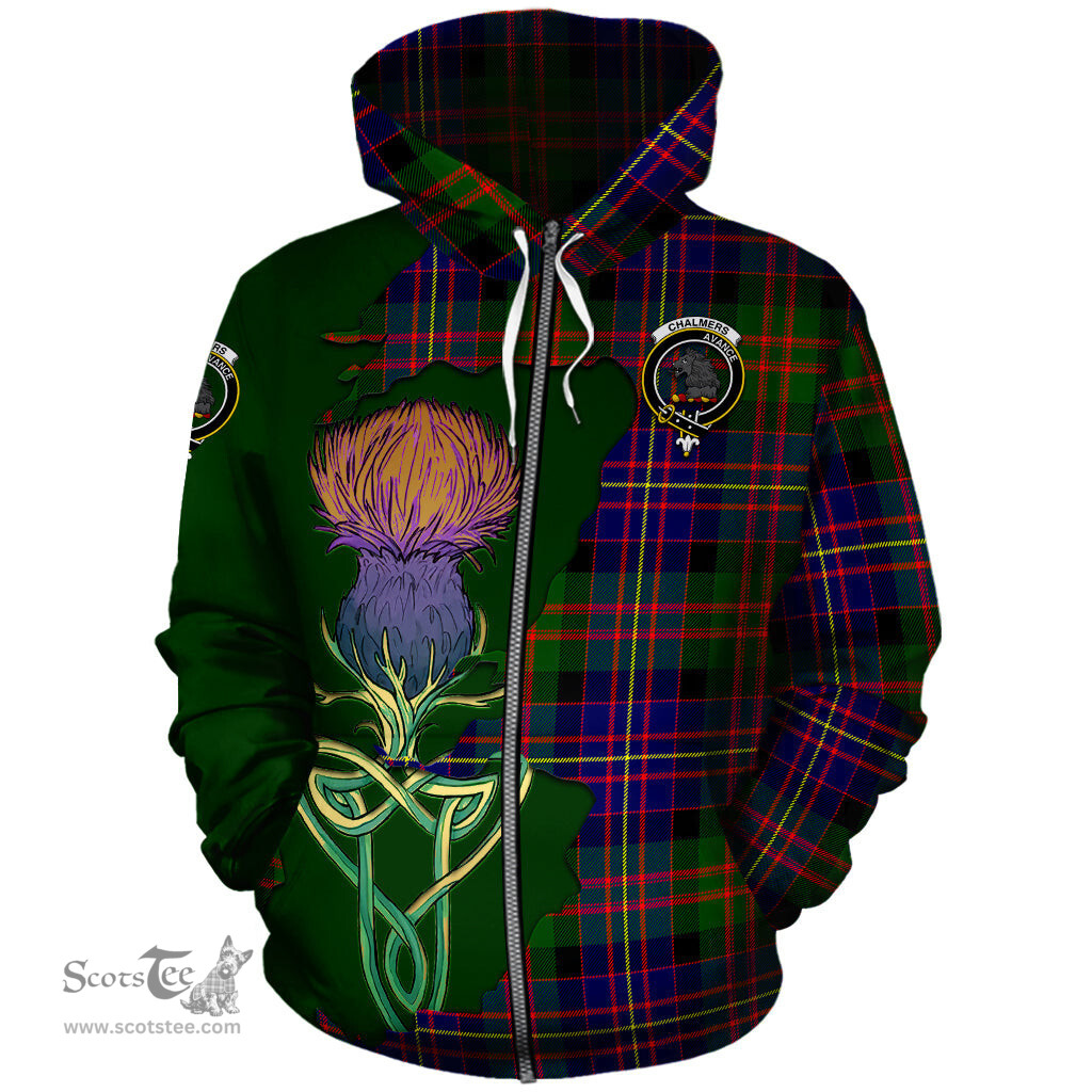 Scottish Chalmers Modern Clan Tartan Crest with Thistle and Scotland Map Tartan Plaid Hoodie Scottish Plaid Tartan Plaid - ScotsTee - scotstee.com