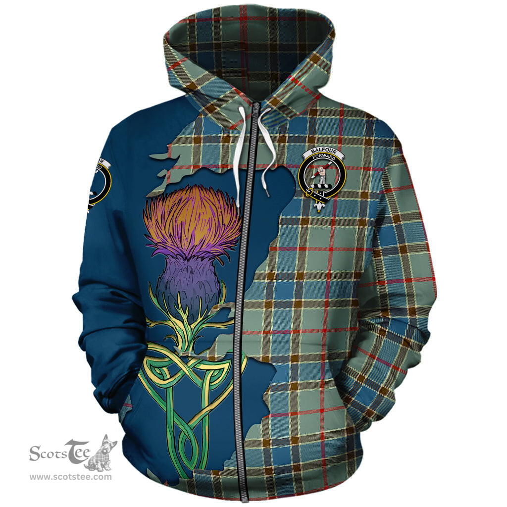 Scottish Balfour Blue Clan Tartan Crest with Thistle and Scotland Map Tartan Plaid Hoodie Scottish Plaid Tartan Plaid - ScotsTee - scotstee.com