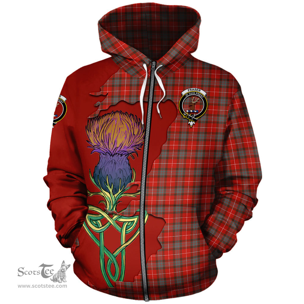 Scottish Fraser Weathered Clan Tartan Crest with Thistle and Scotland Map Tartan Plaid Hoodie Scottish Plaid Tartan Plaid - ScotsTee - scotstee.com