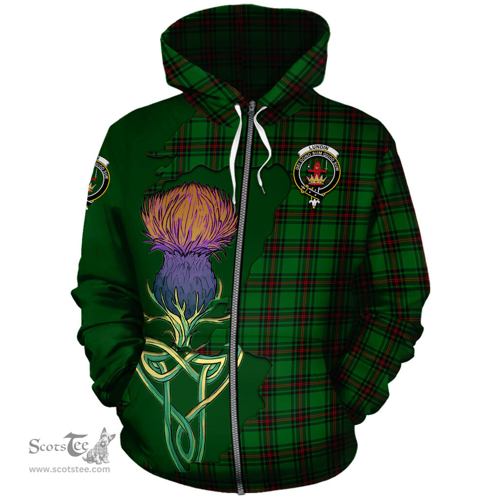 Scottish Lundin Clan Tartan Crest with Thistle and Scotland Map Tartan Plaid Hoodie Scottish Plaid Tartan Plaid - ScotsTee - scotstee.com