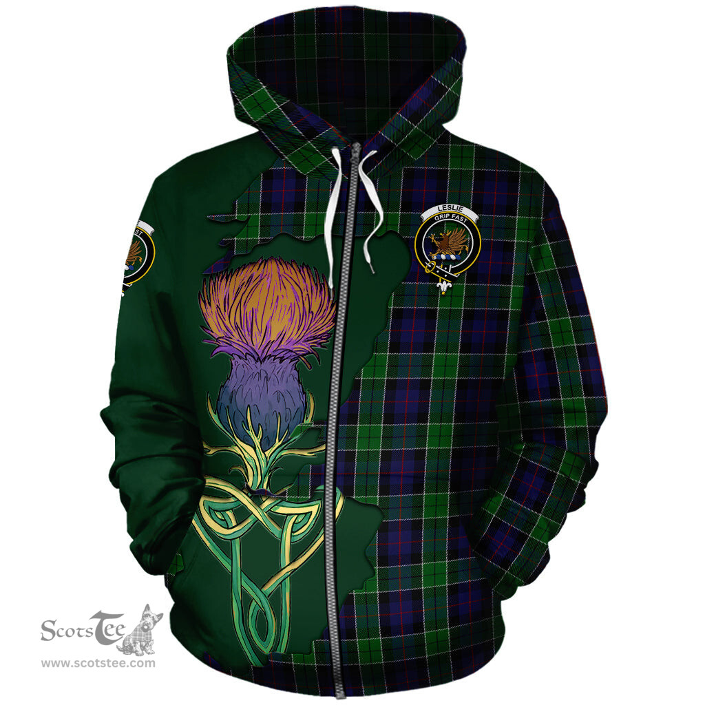 Scottish Leslie Hunting Clan Tartan Crest with Thistle and Scotland Map Tartan Plaid Hoodie Scottish Plaid Tartan Plaid - ScotsTee - scotstee.com