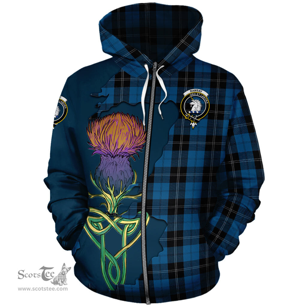 Scottish Ramsay Blue Hunting Clan Tartan Crest with Thistle and Scotland Map Tartan Plaid Hoodie Scottish Plaid Tartan Plaid - ScotsTee - scotstee.com