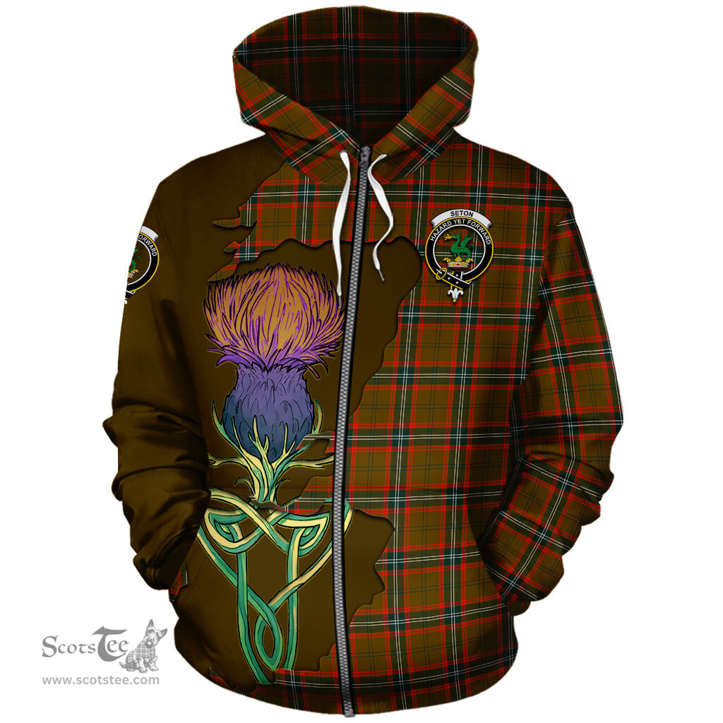 Scottish Seton Hunting Modern Clan Tartan Crest with Thistle and Scotland Map Tartan Plaid Hoodie Scottish Plaid Tartan Plaid - ScotsTee - scotstee.com