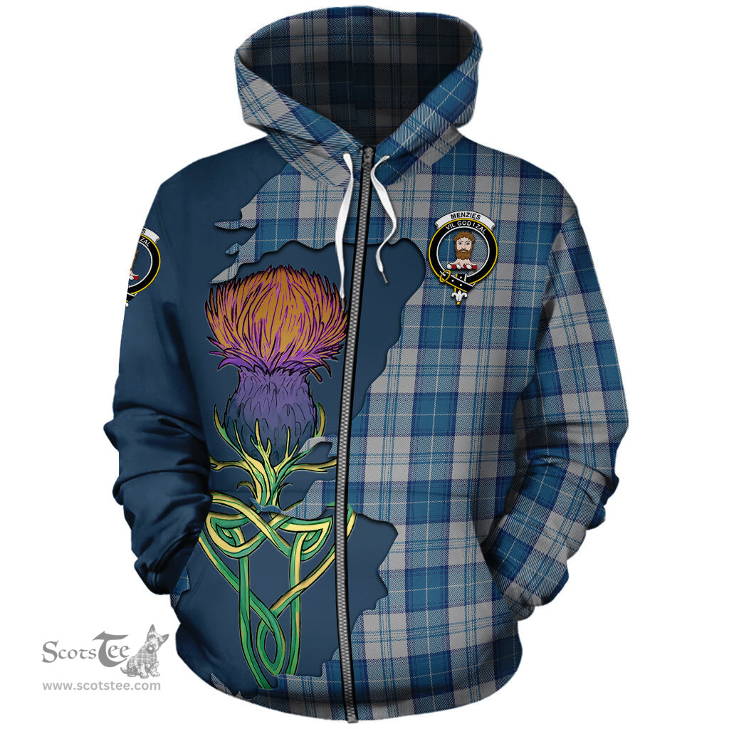 Scottish Menzies Dress Blue and White Clan Tartan Crest with Thistle and Scotland Map Tartan Plaid Hoodie Scottish Plaid Tartan Plaid - ScotsTee - scotstee.com