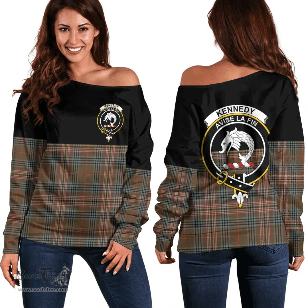 Scottish Kennedy Weathered Clan Tartan Off Shoulder Sweatshirt - Crest Special Style