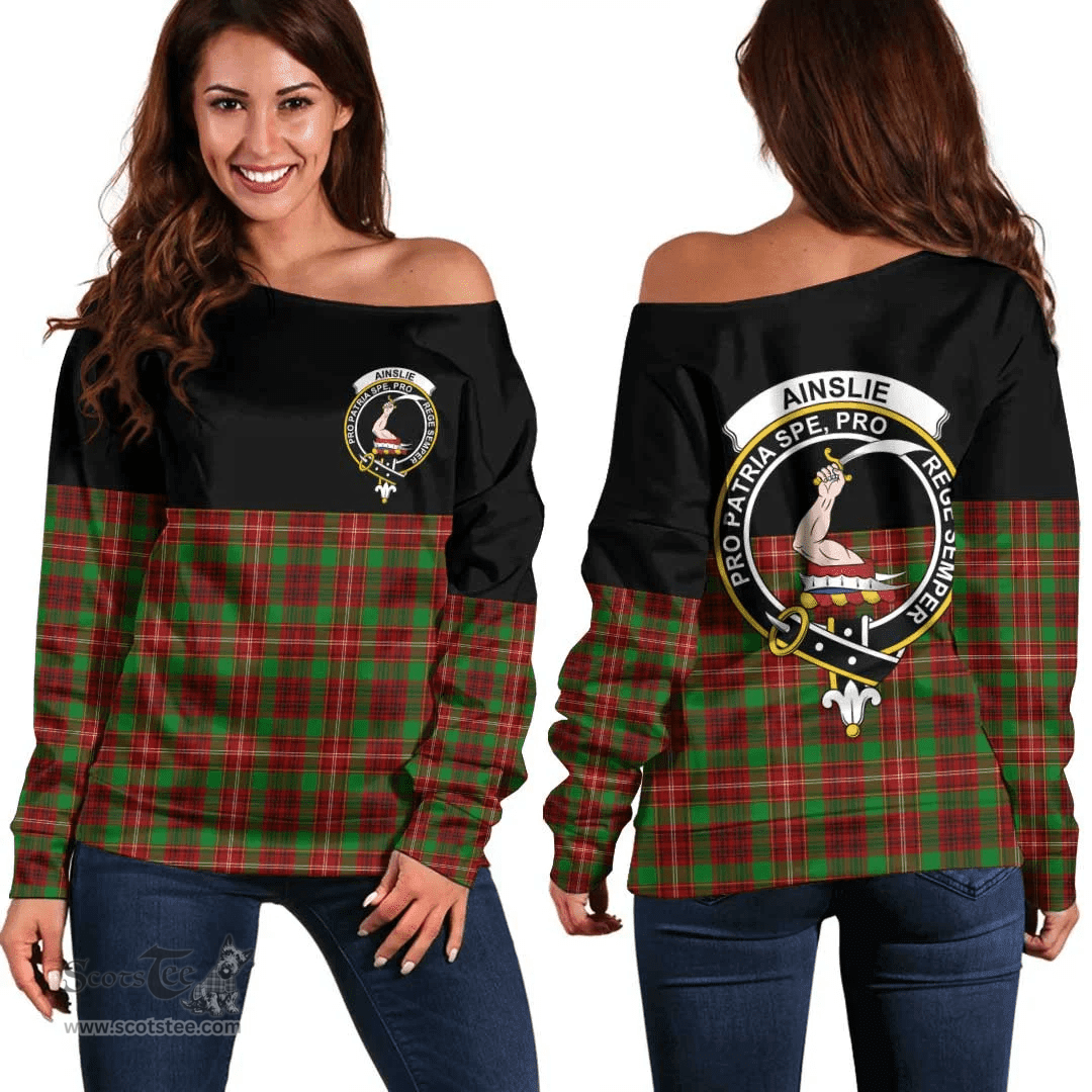 Scottish Ainslie Clan Tartan Off Shoulder Sweatshirt - Crest Special Style