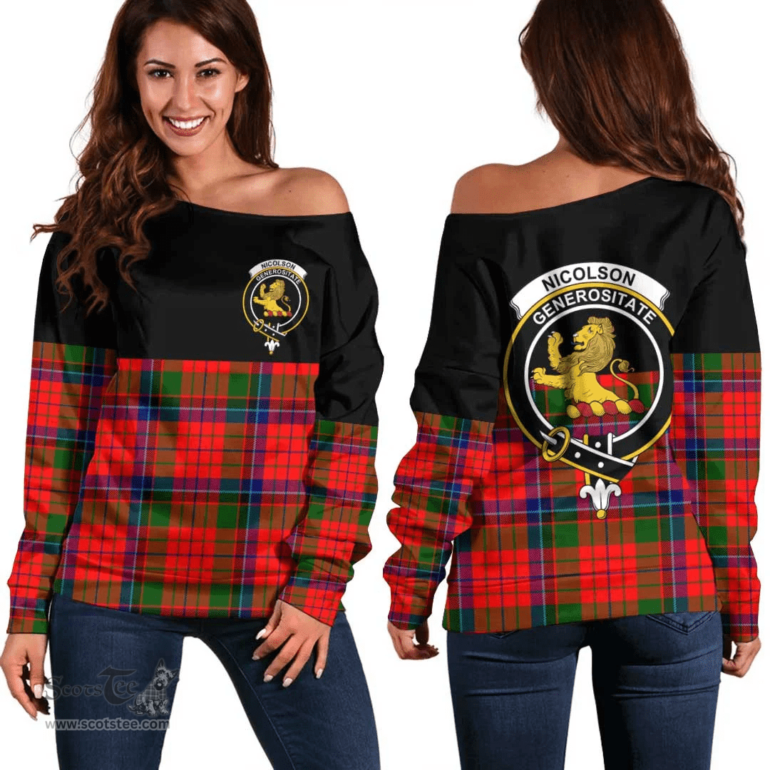Scottish Nicolson Modern Clan Tartan Off Shoulder Sweatshirt - Crest Special Style