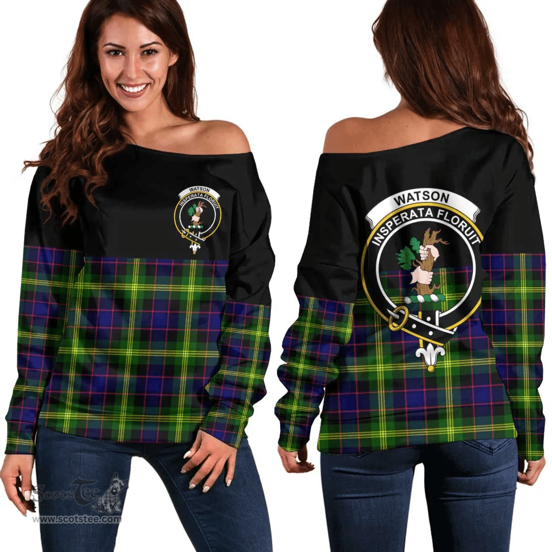 Scottish Watson Modern Clan Tartan Off Shoulder Sweatshirt - Crest Special Style