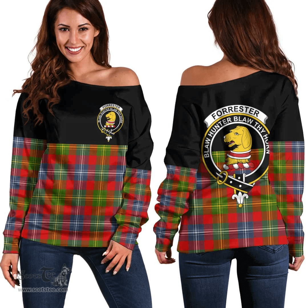 Scottish Forrester Clan Tartan Off Shoulder Sweatshirt - Crest Special Style