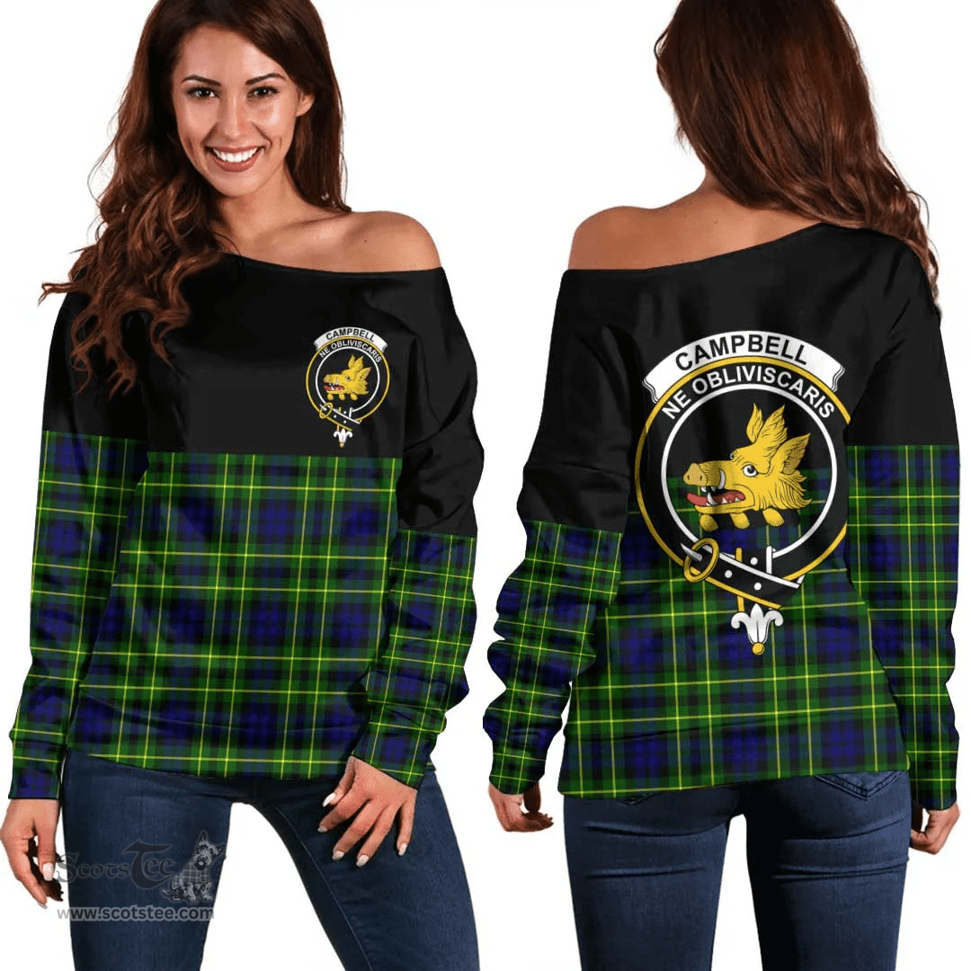 Scottish Campbell of Breadalbane Modern Clan Tartan Off Shoulder Sweatshirt - Crest Special Style