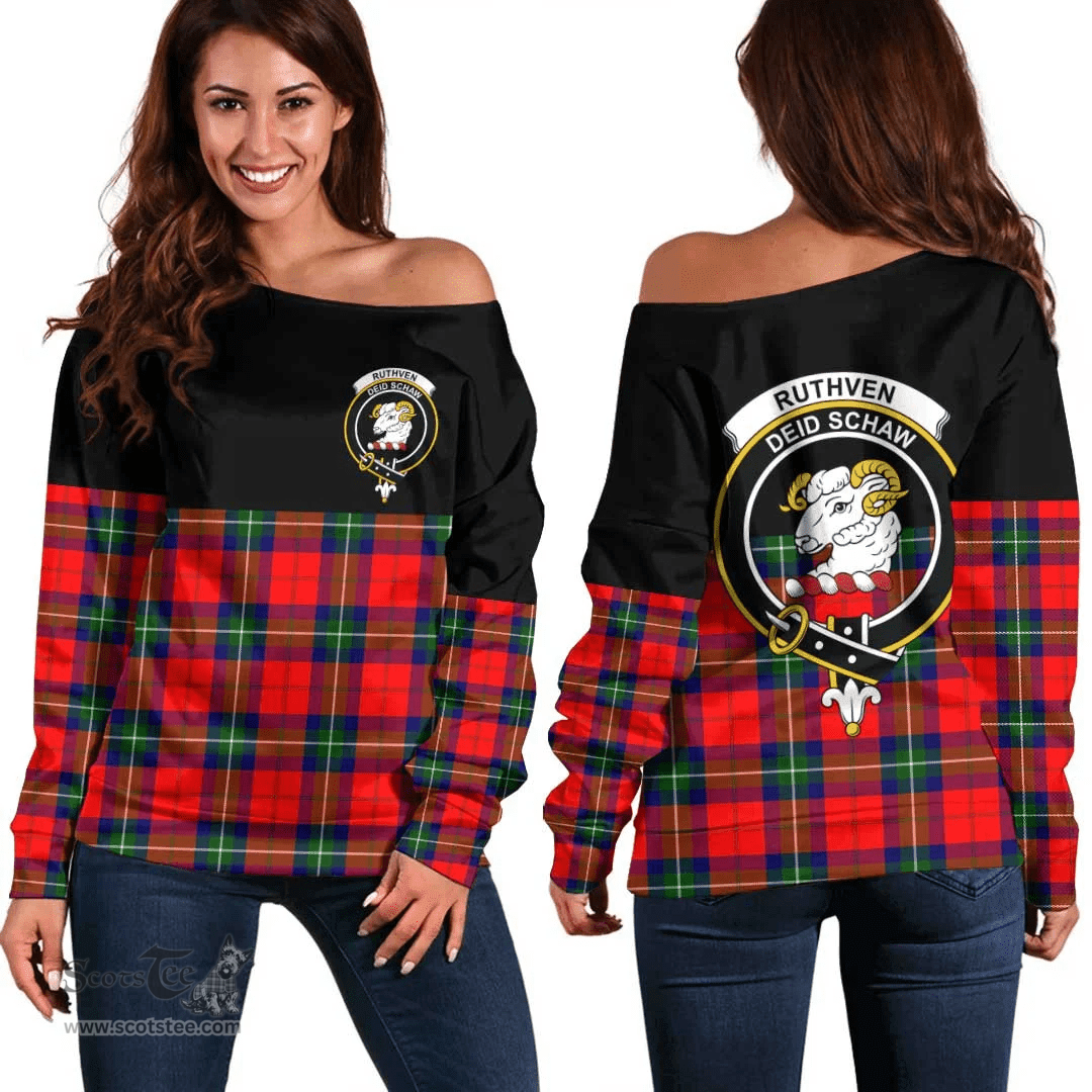 Scottish Ruthven Modern Clan Tartan Off Shoulder Sweatshirt - Crest Special Style