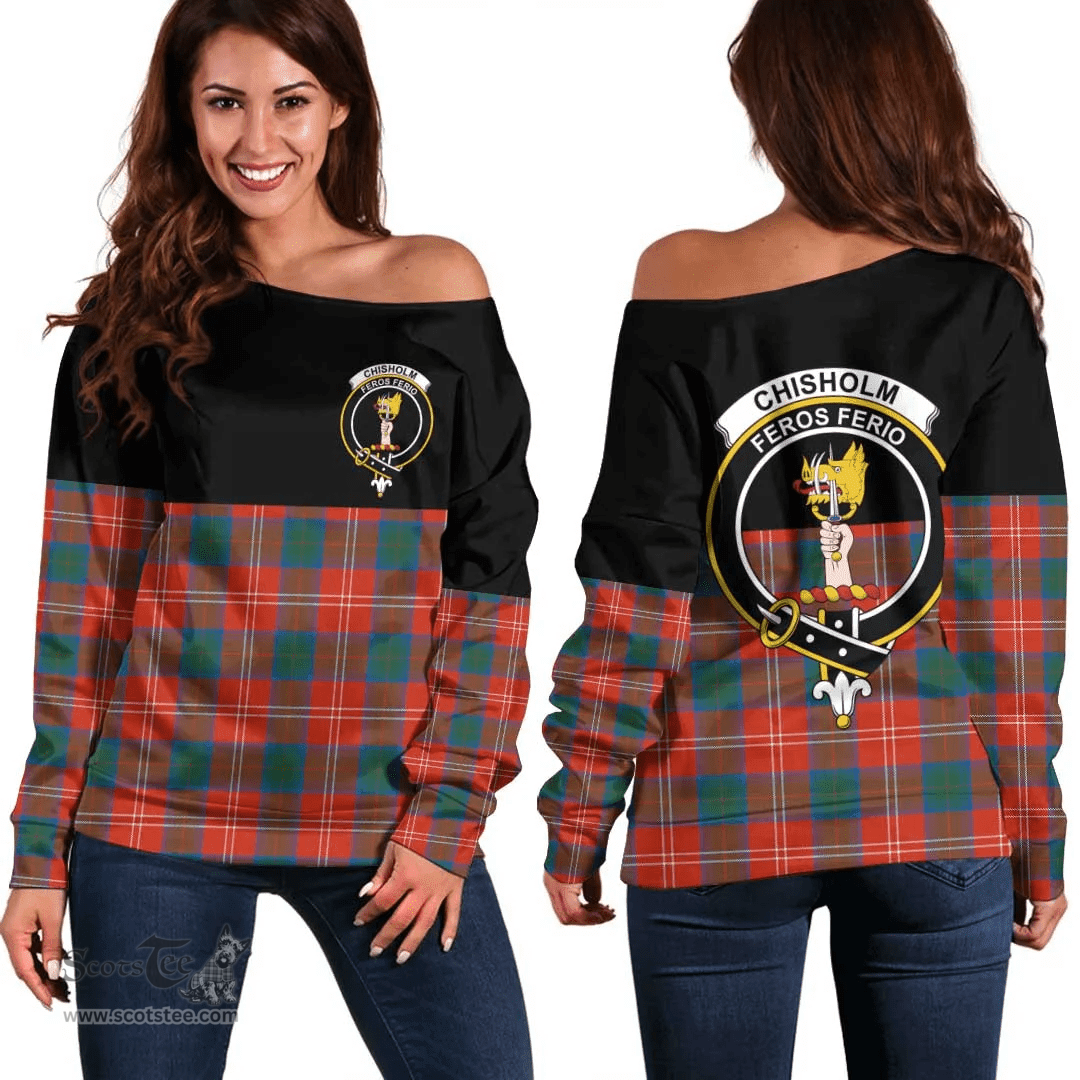 Scottish Chisholm Ancient Clan Tartan Off Shoulder Sweatshirt - Crest Special Style