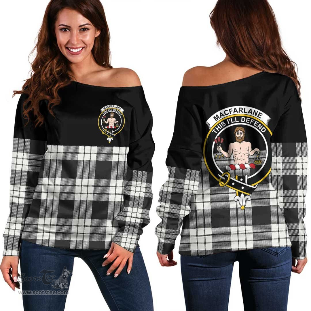 Scottish MacFarlane Black & White Clan Tartan Off Shoulder Sweatshirt - Crest Special Style