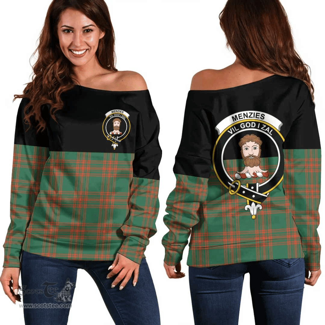 Scottish Menzies Green Ancient Clan Tartan Off Shoulder Sweatshirt - Crest Special Style