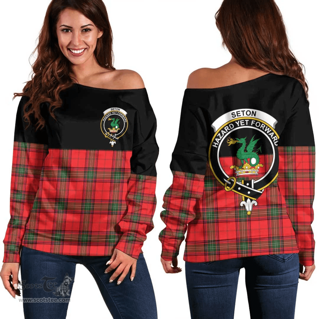 Scottish Seton Modern Clan Tartan Off Shoulder Sweatshirt - Crest Special Style