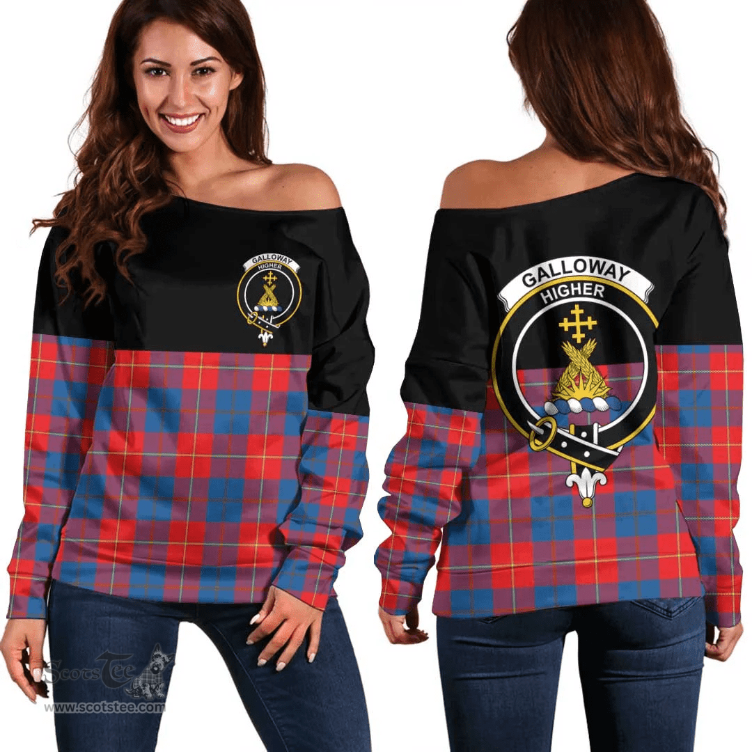 Scottish Galloway Red Clan Tartan Off Shoulder Sweatshirt - Crest Special Style