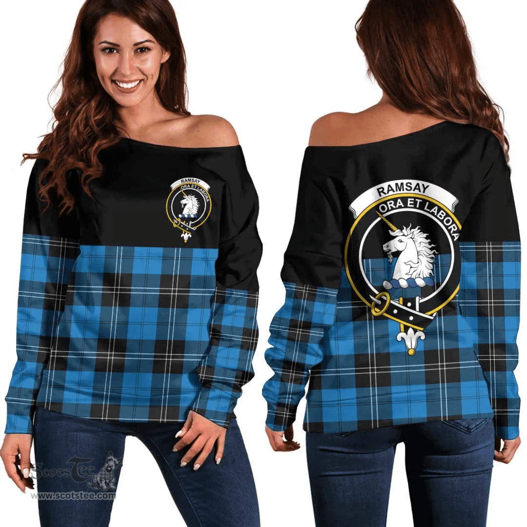Scottish Ramsay Blue Ancient Clan Tartan Off Shoulder Sweatshirt - Crest Special Style