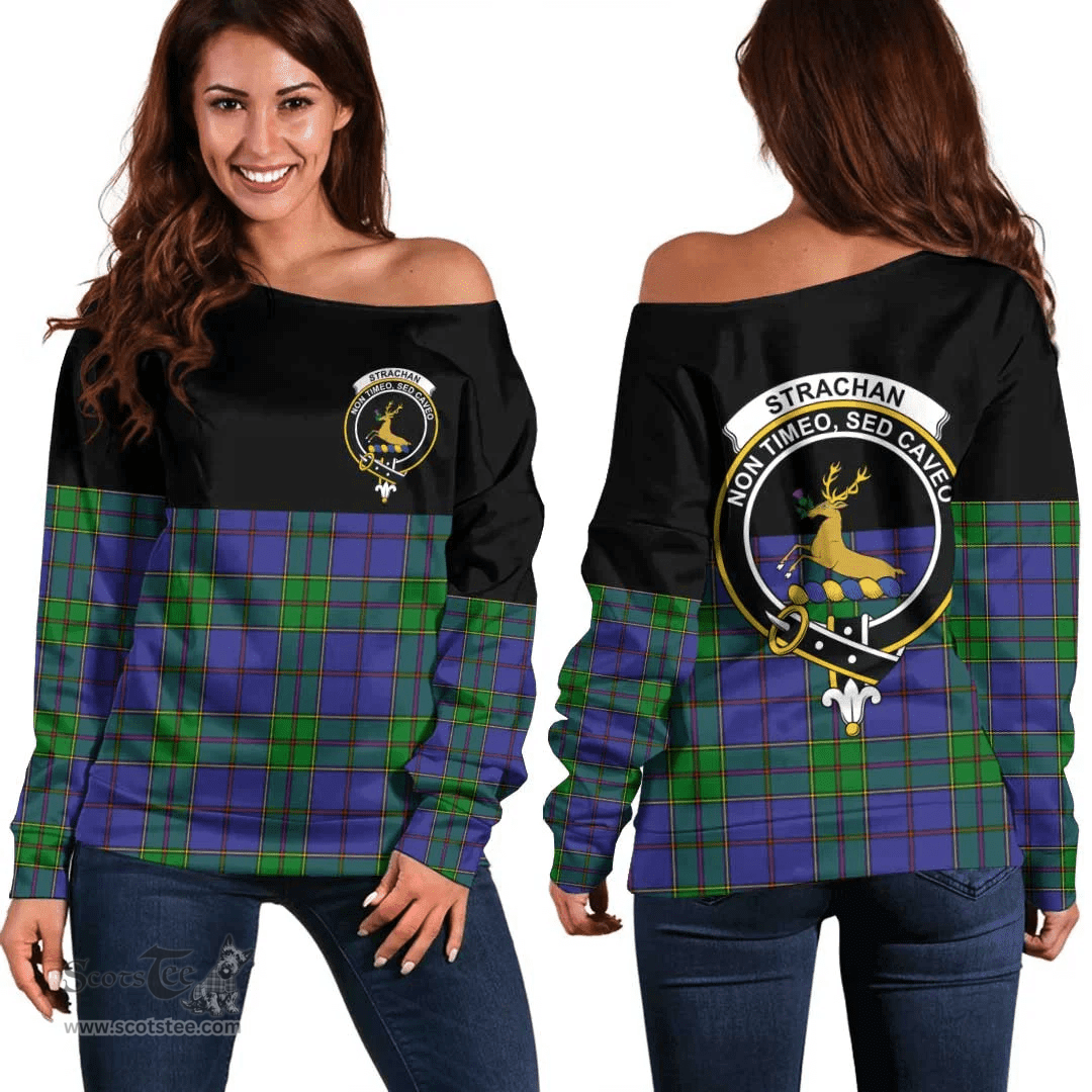 Scottish Strachan Clan Tartan Off Shoulder Sweatshirt - Crest Special Style