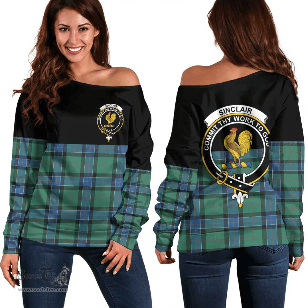 Scottish Sinclair Hunting Ancient Clan Tartan Off Shoulder Sweatshirt - Crest Special Style