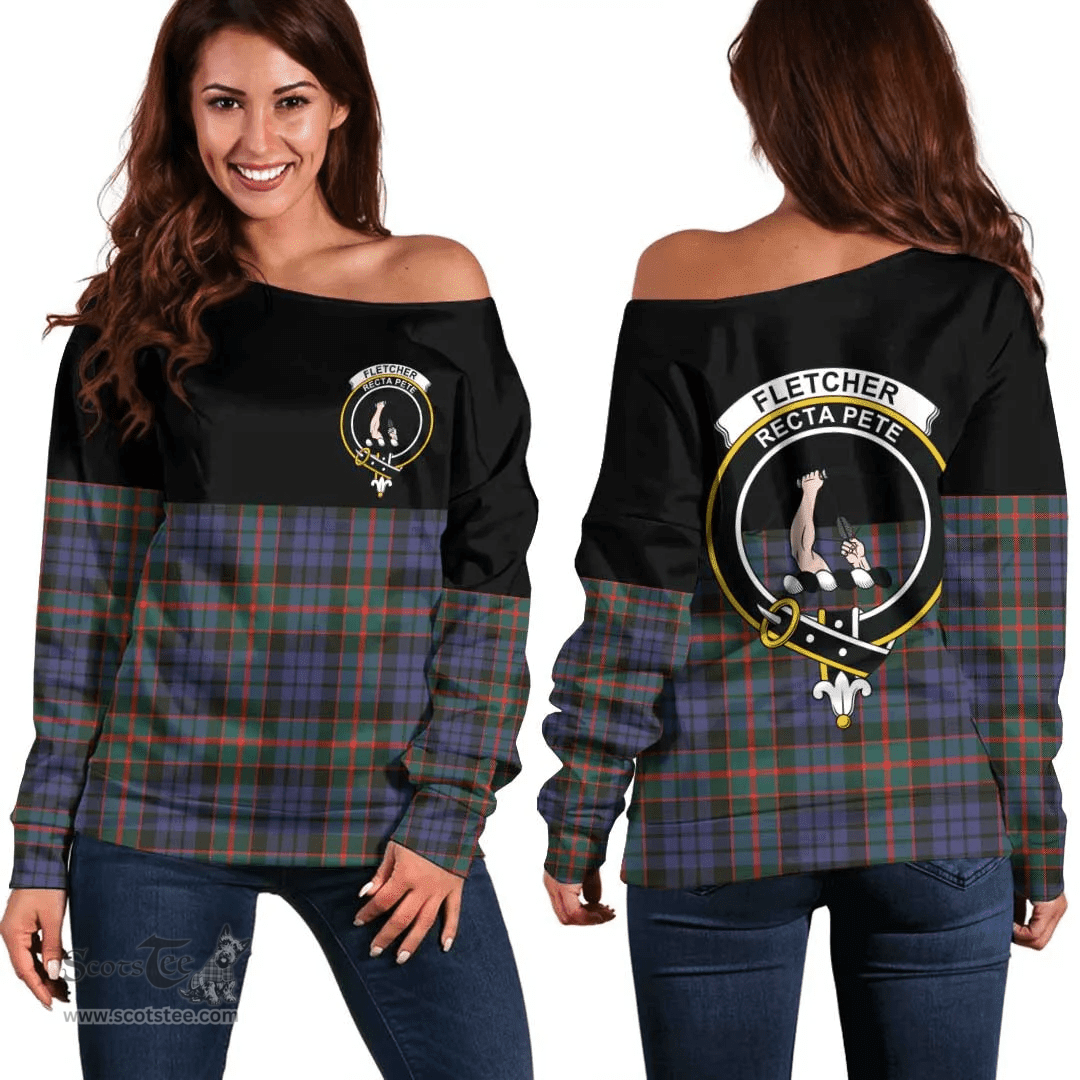 Scottish Fletcher of Dunans Clan Tartan Off Shoulder Sweatshirt - Crest Special Style