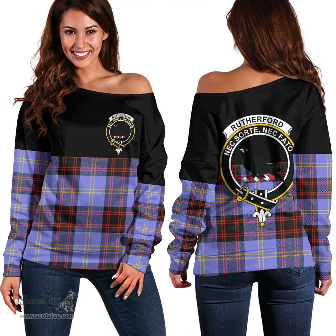 Scottish Rutherford Clan Tartan Off Shoulder Sweatshirt - Crest Special Style