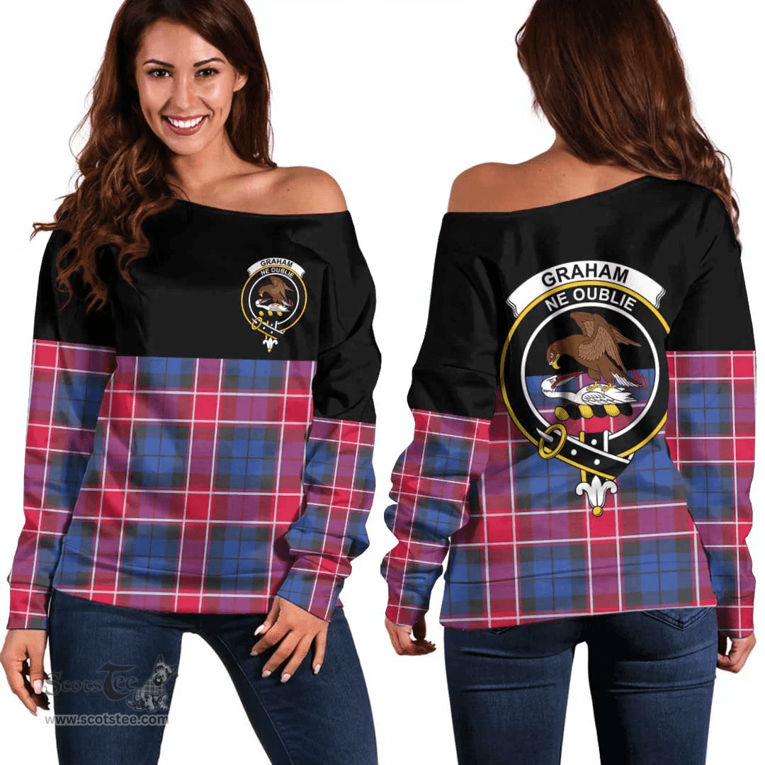 Scottish Graham of Menteith Red Clan Tartan Off Shoulder Sweatshirt - Crest Special Style