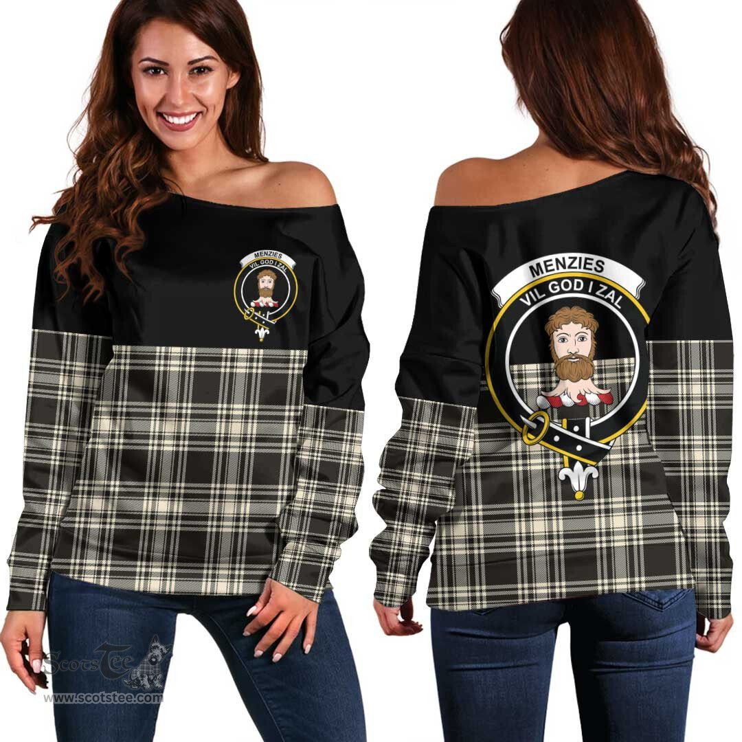 Scottish Menzies Black & White Ancient Clan Tartan Off Shoulder Sweatshirt - Crest Special Style