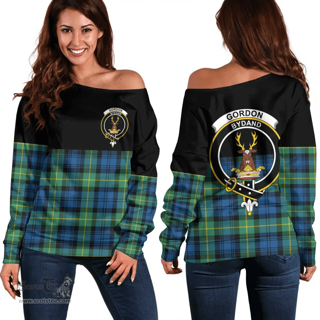 Scottish Gordon Ancient Clan Tartan Off Shoulder Sweatshirt - Crest Special Style