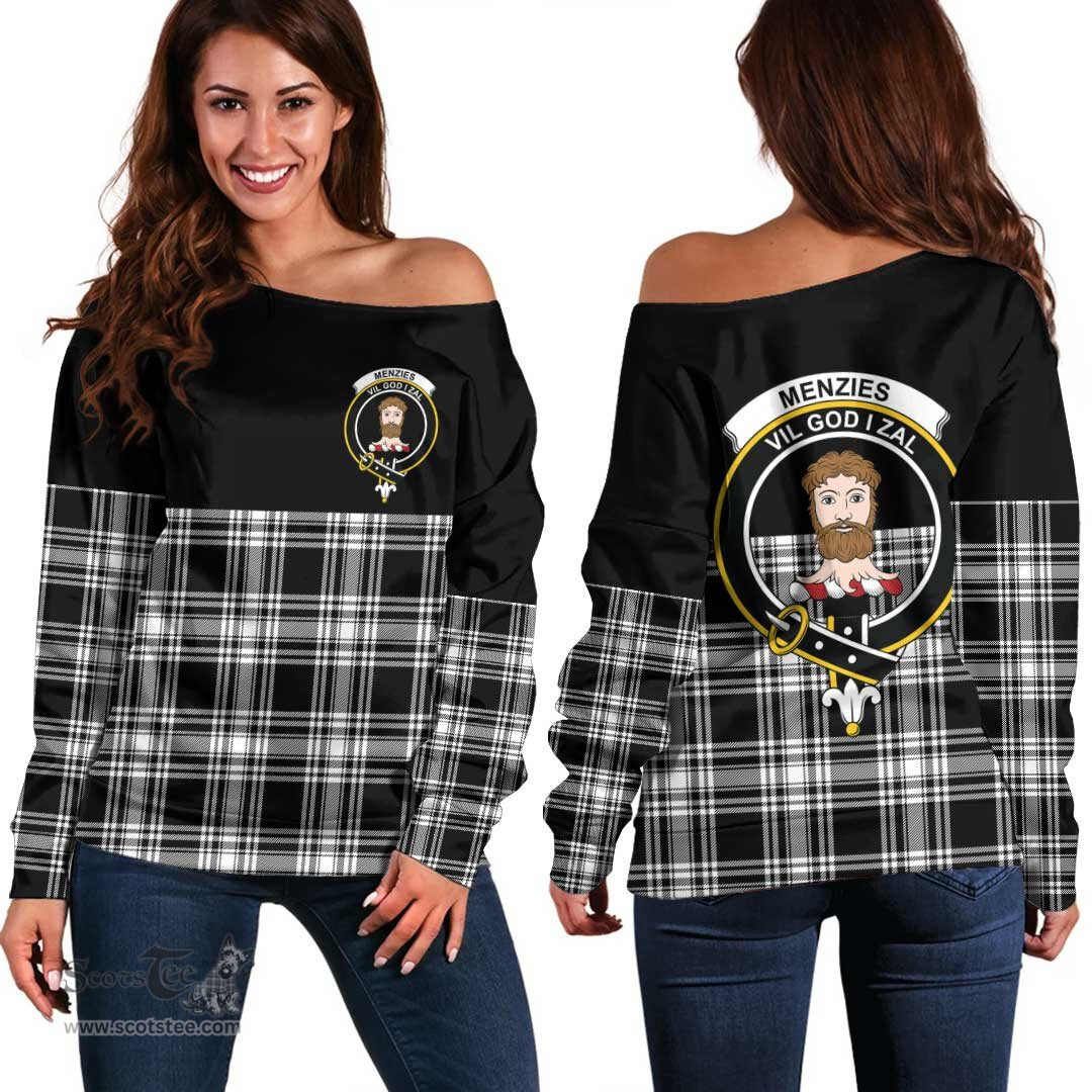 Scottish Menzies Black & White Modern Clan Tartan Off Shoulder Sweatshirt - Crest Special Style