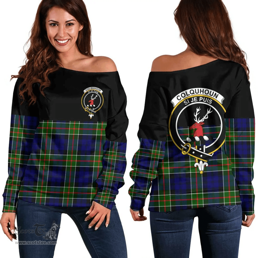 Scottish Colquhoun Modern Clan Tartan Off Shoulder Sweatshirt - Crest Special Style