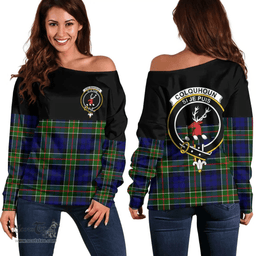 Scottish Colquhoun Modern Clan Tartan Off Shoulder Sweatshirt - Crest Special Style